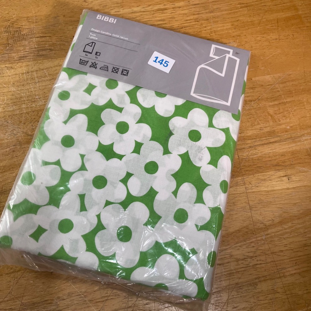 IKEA BIBBI Duvet Cover Set Twin Green White Floral Retro Mod Caroline Jessen